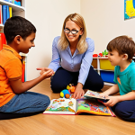 **Understanding Children**: Create an illustration of a counselor engaging with children in a warm and friendly environment. The counselor is kneeling to be at eye level with the children, showing empathy and understanding, while colorful toys and books are scattered around.