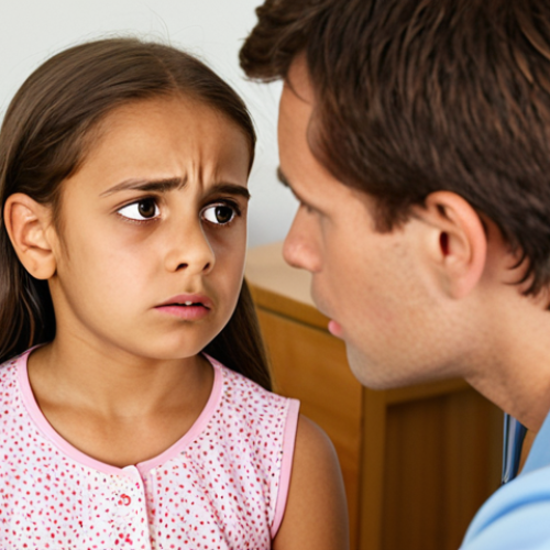 Home 18 **Image Prompt:** A kind and patient counselor attentively listening to a young child who appears upset. The setting is a brightly lit, comfortable room. The counselor maintains eye contact and a gentle expression, conveying empathy.
